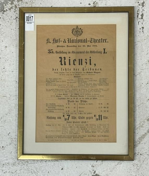 1881 Richard Wagner Theater Broadside, from estate of long time Drama Professor at Vassar College, (1 of 2)