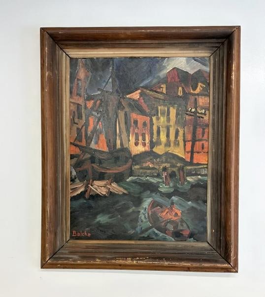 Arwed Balcke (Born 1921) impressionist seascape scene with houses in background, signed lower left,: Arwed Balcke (Born 1921) impressionist seascape scene with houses in background, signed lower left, from local estate, signed lower right, painting measures 24" x 18", the frame measures 32" x 25". ( 