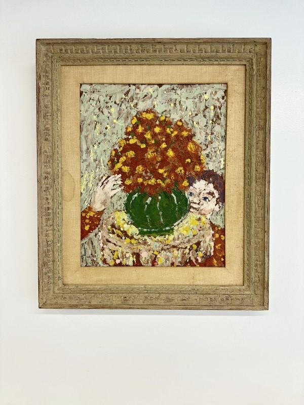 Rifka Angel (1899 - 1988) impressionist o/b of boy with vase of flowers. Signed lower right, dated (1 of 3)