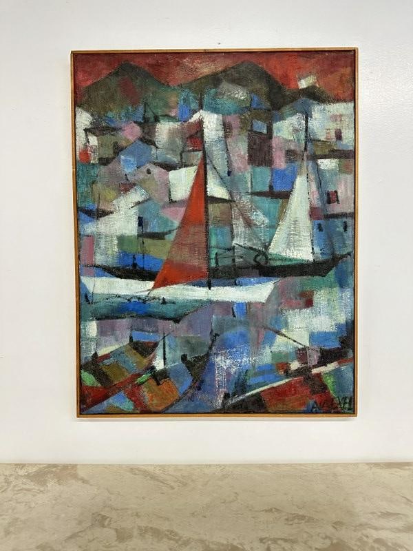 Mid Century o/c impressionist sailboats, signed lower right Ria Exel, in thin wood frame of the (1 of 4)