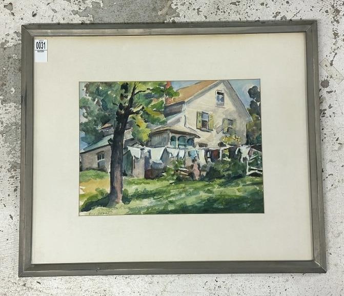 Aaron Berkman (1900 - 1991) landscape w/c with house and clothes hanging on clothes line, signed (1 of 4)