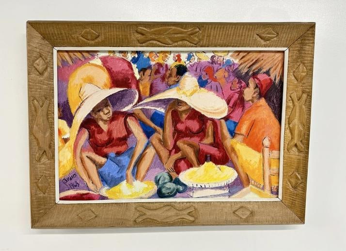 Mid Century vibtrant o/c of group of people, signed possibly ( PRAIN & dated 1968 ), in fine estate (1 of 3)