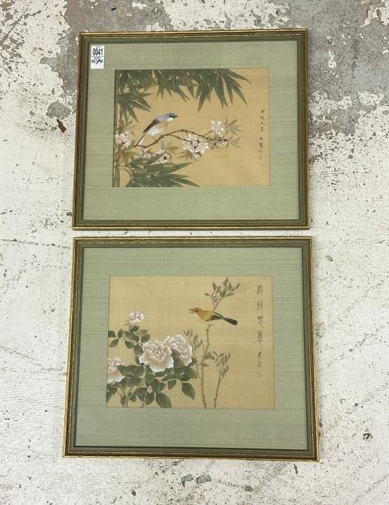 Estate lot (2) Japanese bird paintings (?) or hand colored pieces. Hard to tell, under magnifier (1 of 6)