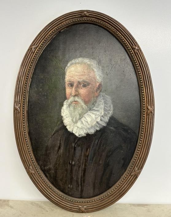 19th c Gentleman's portrait in period decorative copper frame. Unsigned, looks like old repair in (1 of 5)