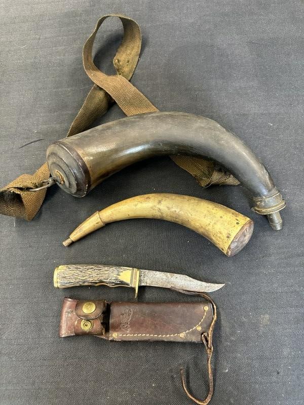 Estate lot to incl. (2) early powder horns & SCHRADE 491 fixed blade knife, just as we found it in (1 of 7)