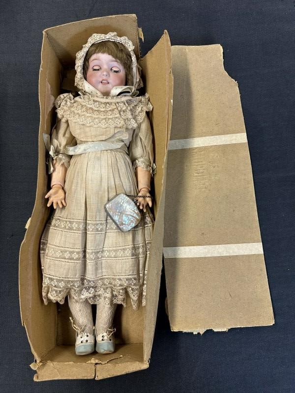 HANDWERCK Simon & Halbig bisque head doll in original box ( box has tattering, ripped corners and (1 of 7)