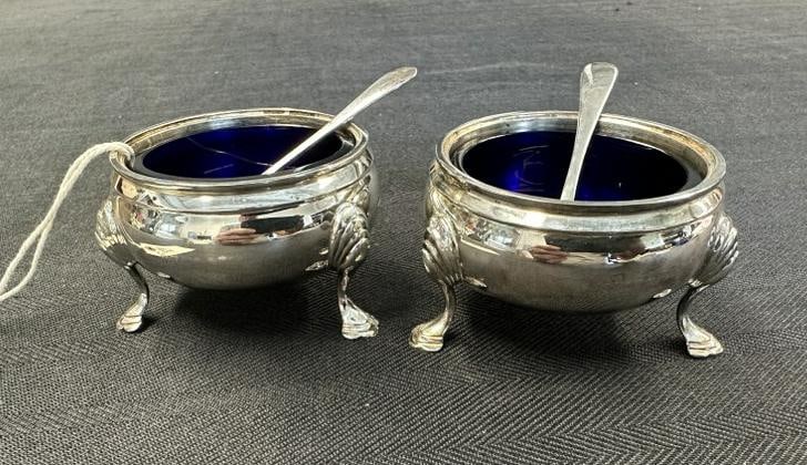Pair TIFFANY NEW YORK (Made in England ) sterling silver salts with cobalt blur inserts, with (1 of 4)