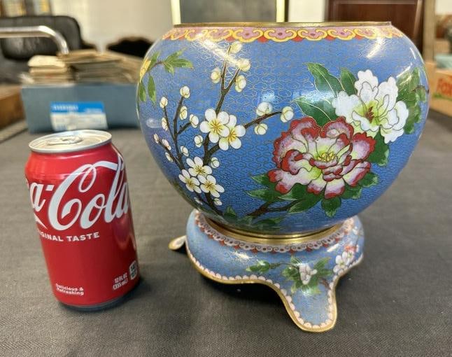 Cloisonne bowl on cloisonee base, from Chester, N.Y. estate, nice found condition, measures 8" high (1 of 9)