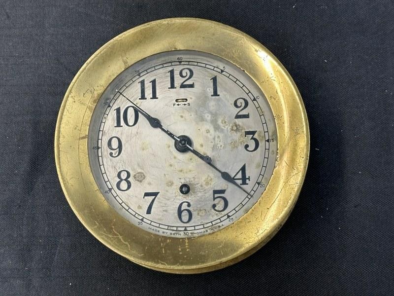 SETH THOMAS old brass ship clock, from local estate, no key, all intact, measures 7.5" across. (1 of 4)