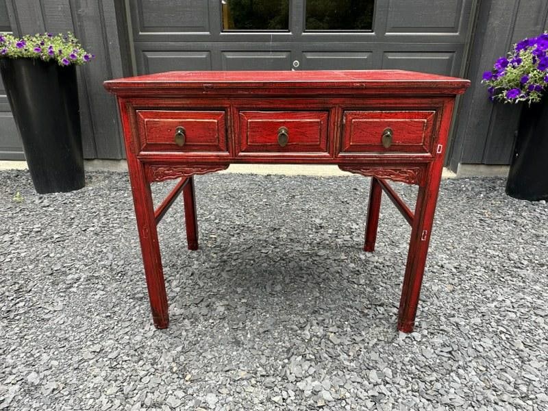 Contemporary Asian red lacquered 3 drawer console or alter table, structurally sound, from fine (1 of 4)