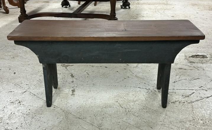 Good looking country bench, with patina blue base, structurally sound, measures 42" long x 14" deep (1 of 2)