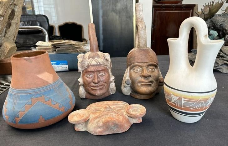 (5) pc. Mexican Indian pottery lot to include (2) figural heads, and others, pictured markings on (1 of 5)