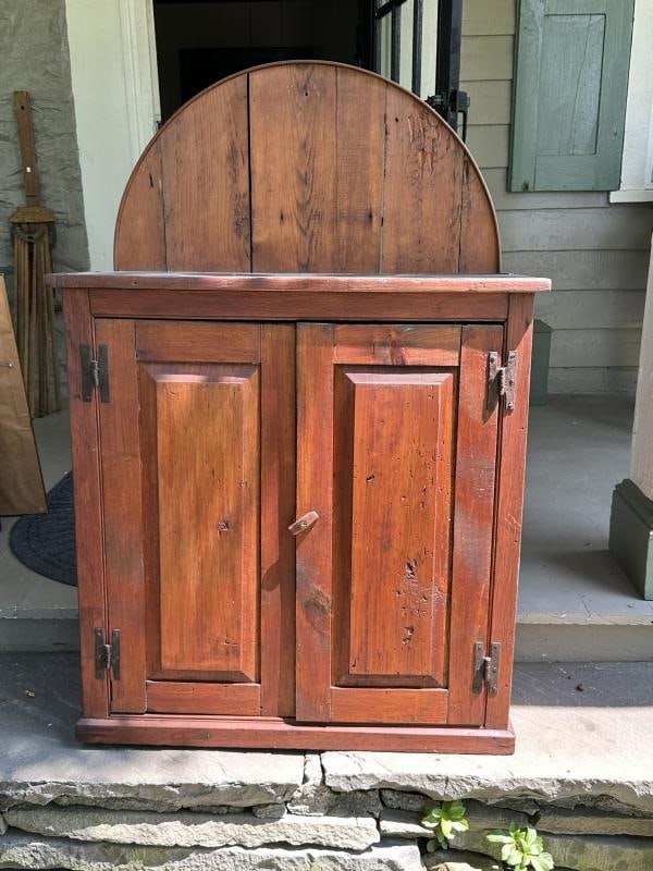 Hanging (2) door pine country cabinet with shelves and tall backsplash, from stone house in New (1 of 4)