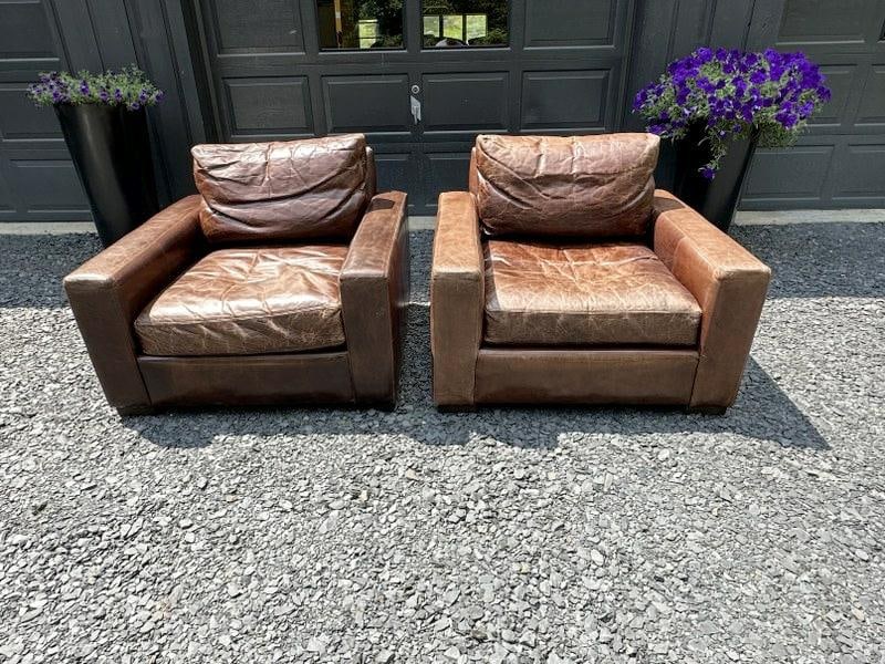 Pair Wonderful Restoration Hardware Leather Club Chairs From Fine