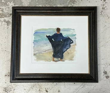 Richard Segalman ( 1934-2021 ) w/c girl on beach in blue dress, signed lower right, nicely framed: Richard Segalman ( 1934-2021 ) w/c girl on beach in blue dress, signed lower right, nicely framed and matted from Woodstock, N.Y. estate. Painting measures 10" x 12.5", frame measures 22" x 24.5", wat