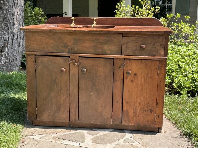 Early pine drysink with copper sink & brass hardware, from Hudson Valley estate, measures 45" W X (1 of 6)