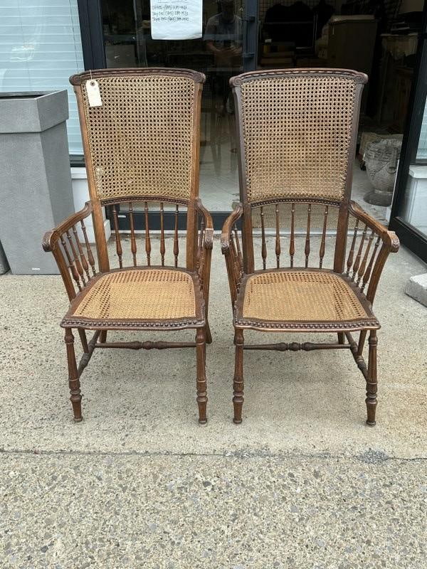 Pair of unusual carved caned back and seat armchairs, structurally sound, cane is all good, nice old (1 of 2)