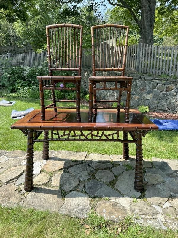Contemporary hardwood faux bamboo library table and 2 chairs, nice estate condition, structurally (1 of 6)