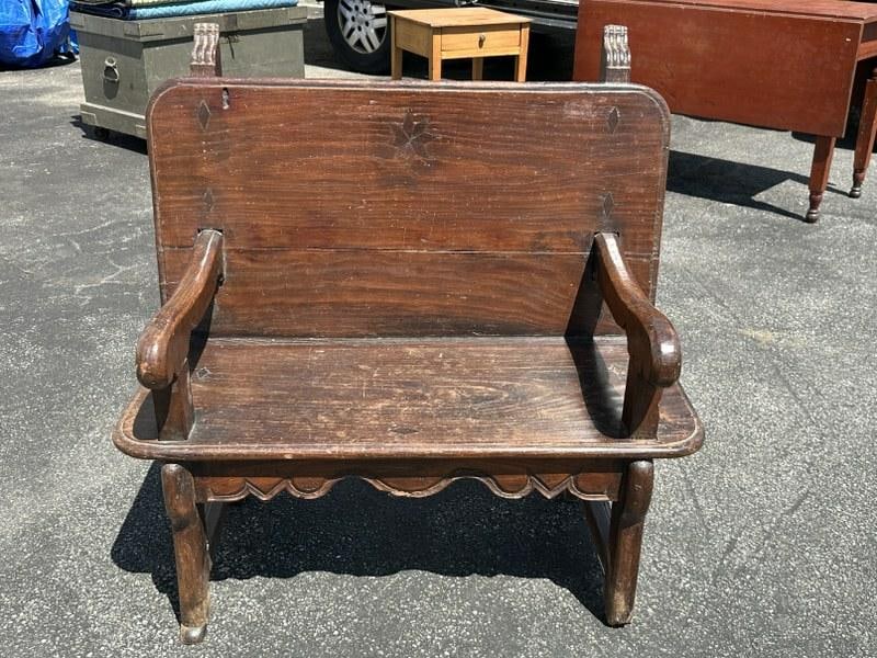 Unusual inlaid country bench, possibly Canadian, from Woodstock NY estate, measures 34" W X 35" H X (1 of 6)