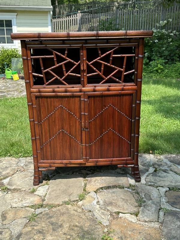 Faux bamboo contemporary walnut liquor cabinet with 2 doors on top and 2 doors on base, measures 36": Faux bamboo contemporary walnut liquor cabinet with 2 doors on top and 2 doors on base, measures 36" W X 44" H X 19" D, nice condition