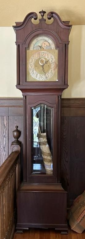 Tall case mahogany clock with fancy brass face and painted dial, with 5 tubes pendulum & weights (1 of 9)