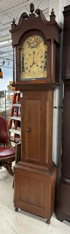 Early grandfather clock with decorative painted face, the face has had pieces glued back and splits (1 of 5)