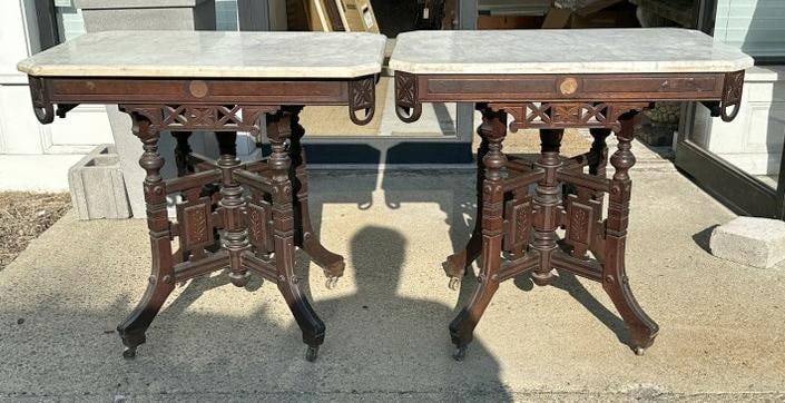 Pair Eastlake walnut marble top tables, from local Hudson Valley estate, in nice estate found (1 of 5)