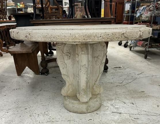 Magnificent concrete garden table & (4) chairs, has Griffins on bases of the chairs, and floral (1 of 9)