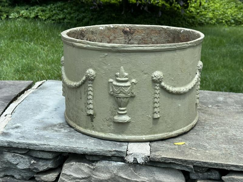 Wonderful cast iron planter with decorated wreaths & urns around sides, found in New Paltz, N.Y. (1 of 5)