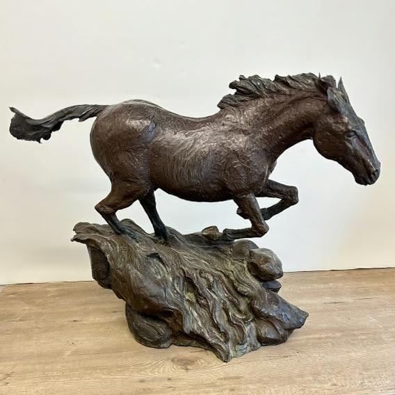 Michail Razvan Constantine ( 21st c ) large bronze horse galloping on rocks, signed ( C. RAZVAN (1 of 5)