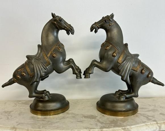 Pr. Vintage Asian horse statues standing on back legs ( marked Made in Hong Kong on bottoms ). One: Pr. Vintage Asian horse statues standing on back legs ( marked Made in Hong Kong on bottoms ). One tail needs to be reapplied as pictured, from fine NYC apartment. They measure 16.5" high, I belive th
