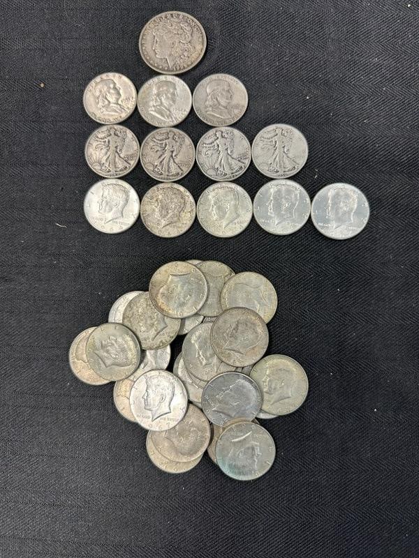U S Coin estate lot to incl. (1) 1921 silver dollar, (3) Franklin half dollars, (4) Walking Liberty (1 of 4)