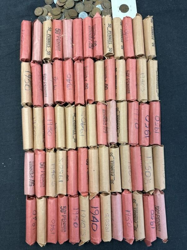 Large estate lot of pennies, most all in rolls marked 1940's & 1950's. ( has 65 rolls plus loose as (1 of 5)