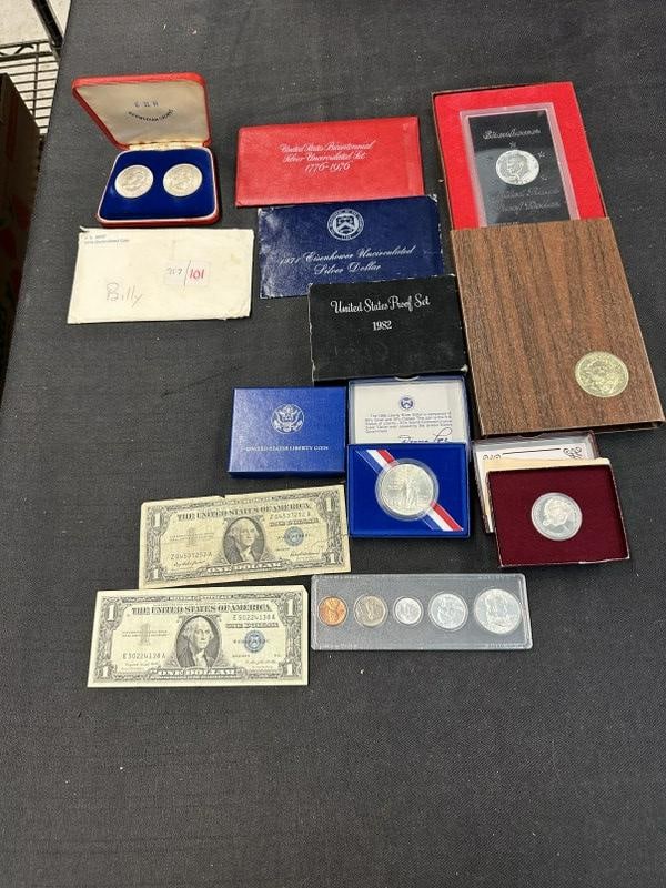 Estate found U S coin proof sets - 1962 proof set, (2) silver certificate dollars, comm. Half Dollar (1 of 5)