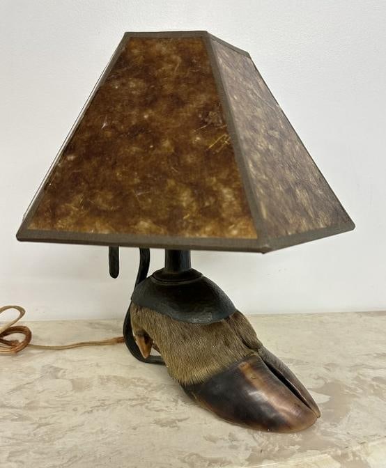 Circa 1910 Moose foot table lamp, wonderfully made in arts & crafts style, with hand hammered copper (1 of 6)