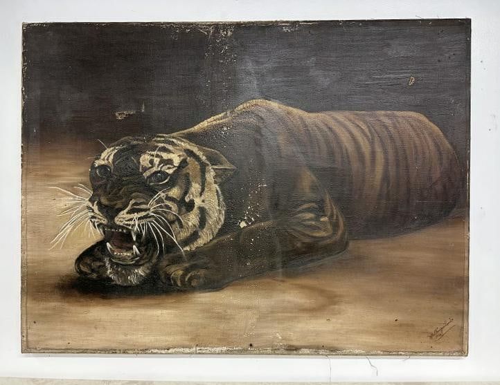 Estate condition o/c painting of a tiger, signed Nellie Finnigan Leach, dated 1941, has paint (1 of 3)