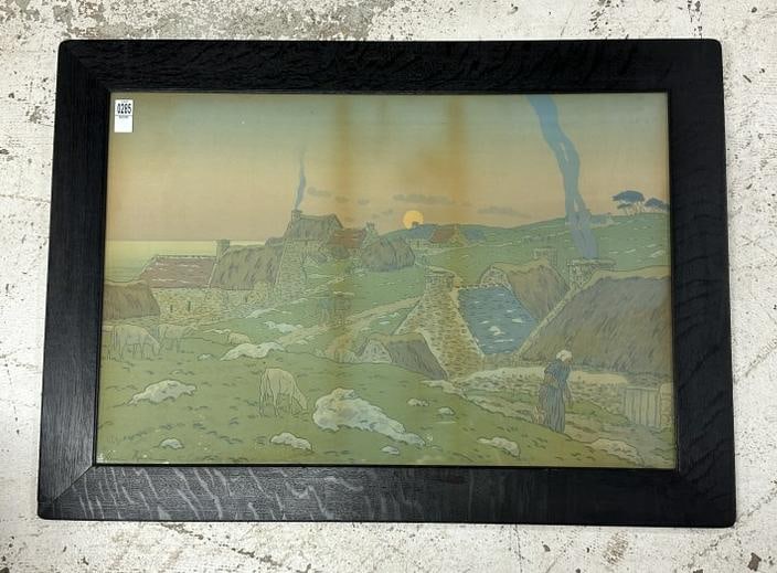 HENRI RIVIERE (1864-1951) Arts & Crafts style print in dark oak frame of the period. Landscape with: HENRI RIVIERE (1864-1951) Arts & Crafts style print in dark oak frame of the period. Landscape with wonderful muted colors, woman walking carrying a pail, (2) men walking with long sticks, possibly te