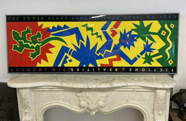 TIM JOCELYN 1990 Gallery Poster for ( FICTIONS & REALITIES ), The Power Plant March h thru April 22.: TIM JOCELYN 1990 Gallery Poster for ( FICTIONS & REALITIES ), The Power Plant March h thru April 22. In very nice condition, poster measures 60" x 20", in thin metal frame.