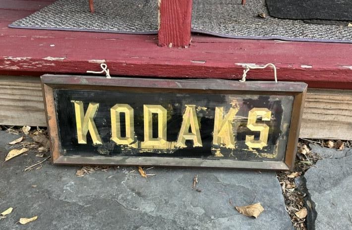 Early KODAKS dealer double sided display sign, in copper frame, as found condition, one side better (1 of 5)