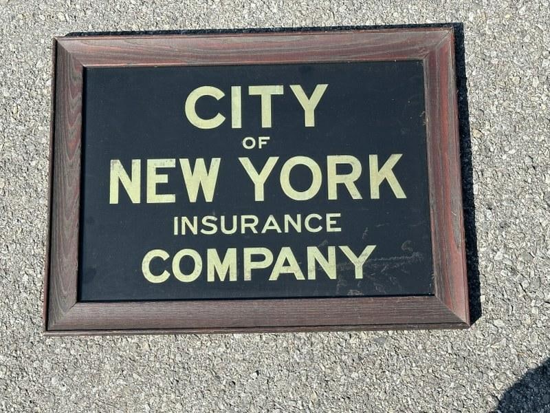 Old reverse painted CITY OF NEW YORK INSURANCE COMPANY sign, with gold leaf lettering, in original (1 of 3)