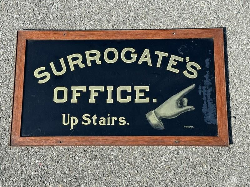 Fantastic reverse painted sign ( SURROGATE'S OFFICE UPSTAIRS ) with finger pointing in the (1 of 2)