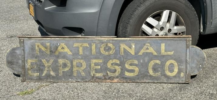 Wonderful NATIONAL EXPRESS CO. 19th c sign, double sided, blue sand paint with gold lettering. (1 of 9)