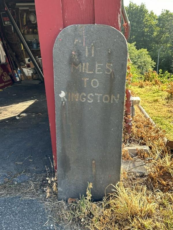 Early bluestone Railway marker ( 11 MILES TO KINGSTON ), tombstone shaped, just as we found it,: Early bluestone Railway marker ( 11 MILES TO KINGSTON ), tombstone shaped, just as we found it, alongside old barn in the Rondout section of Kingston, N.Y. ( downtown ). Measures 43" tall x 16" wide x