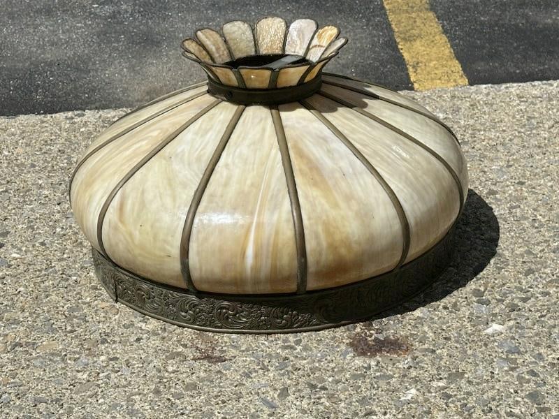 Circa 1900 large slag glass hanging curved shade, from local estate attic, measures 12" high x 22" (1 of 5)