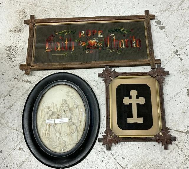 (3) pc. Older religious related lot from local estate to include - a raised folk art cross in (1 of 6)