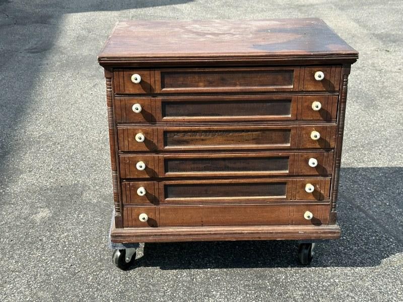 J & P COATS (5) drawer spool cabinet, ( bottom drawer is a dummy drawer ), walnut, old stains as (1 of 5)