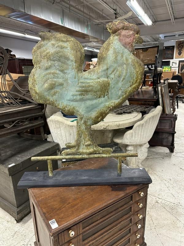 Large weathered copper Rooster weathervane, mounted on newer wood base, measures 33" high x 23" (1 of 2)