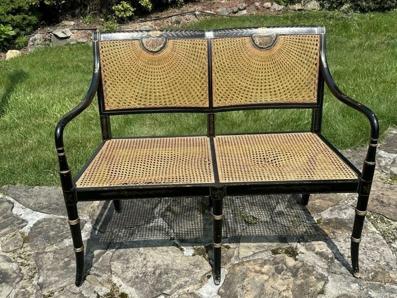 Wonderful decorative caned bench with wonderful detail and form, from fine estate in Chester, N.Y. ( (1 of 8)