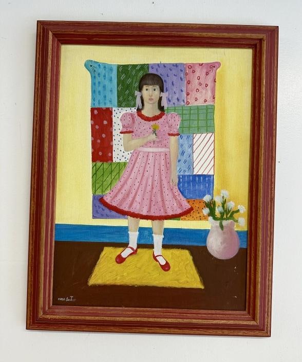 Omar Souto (b 1946 Brazilian )  o/c girl holding flower in front of colorful quilt, fine condition, (1 of 3)