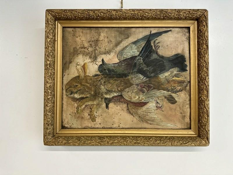 Primitive o/c still hunt still life with rabbit and birds, unsigned, in frame of the period, circa (1 of 3)
